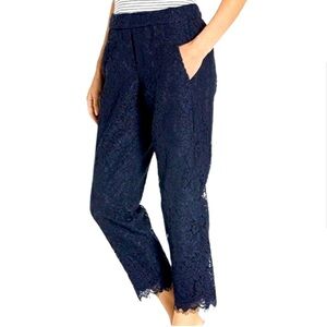JCrew Navy Blue Floral Lace Pant. Pull on style with pockets. Like new.